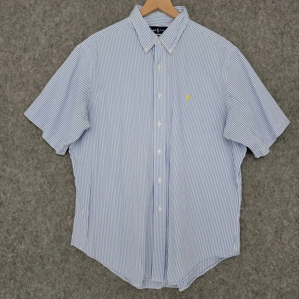 Ralph Lauren Shirt Mens XL Blue White Stripe Short‎ Sleeve Classic Yellow Pony